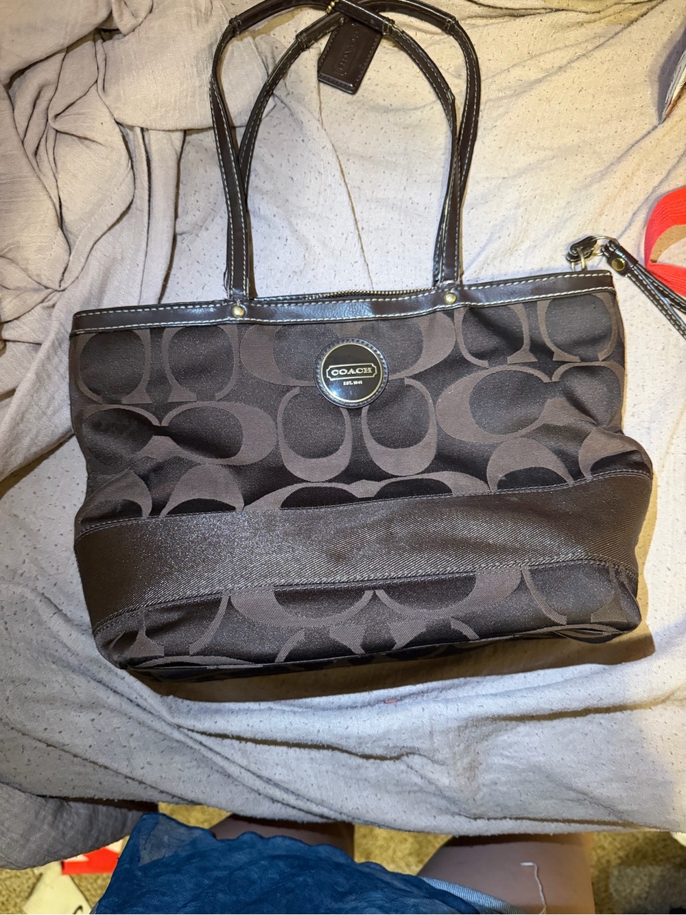 COACH Brown Signature Logo Tote with Leather Trim